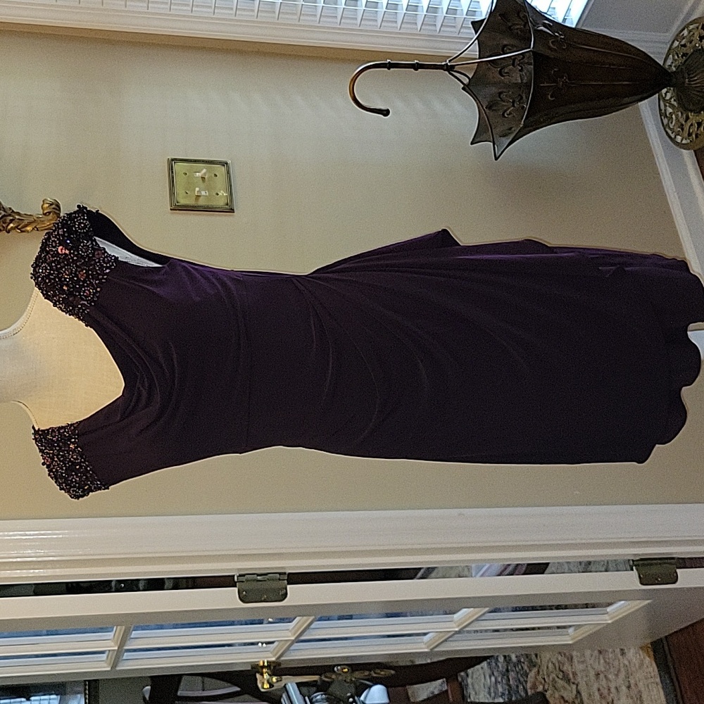 ALEX EVENINGS purple beaded cap sleeve midi dress ruched side drape front 6 EUC…